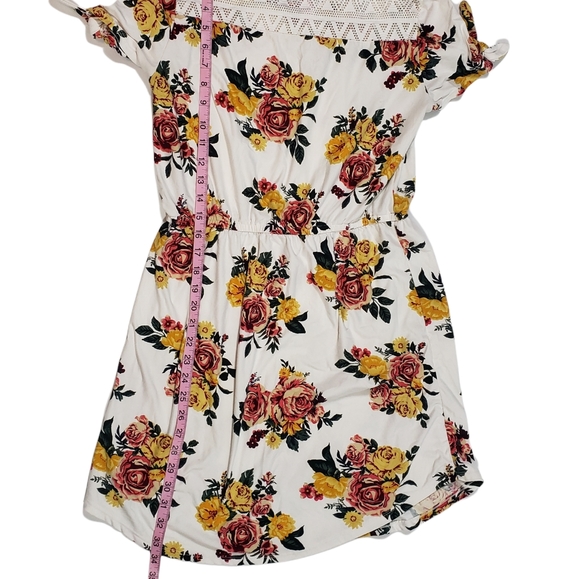 Floral Print Blouson Dress Juniors Size Large (11-13) Cap Sleeve Crotchet Trim - Picture 10 of 12